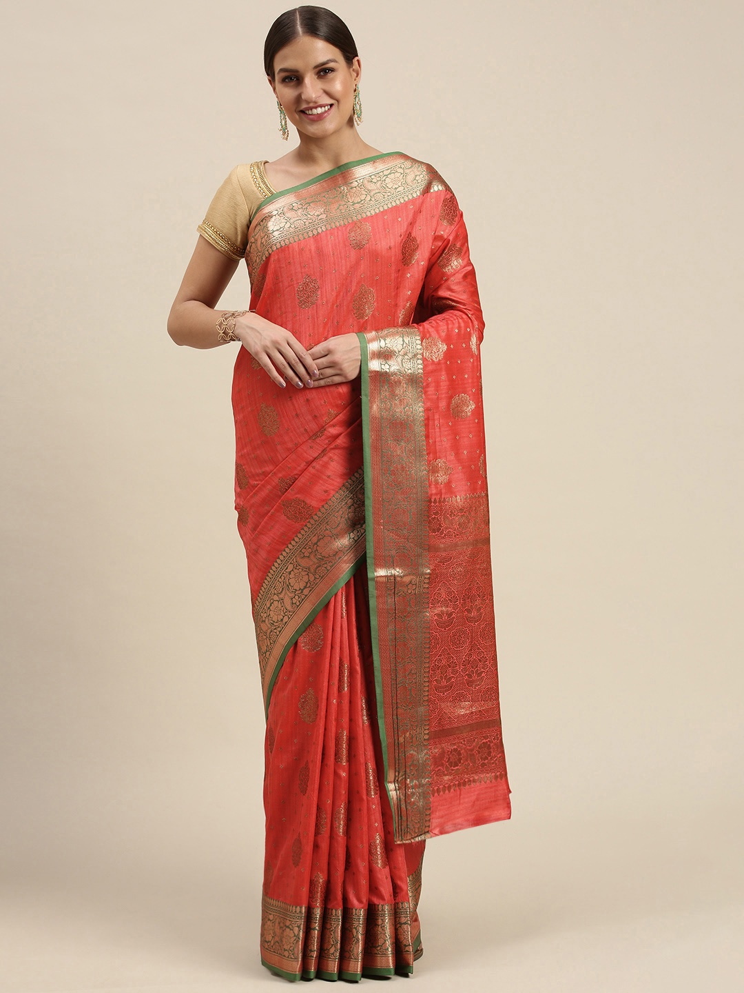 

SANGAM PRINTS Red Ethnic Motifs Zari Silk Blend Saree