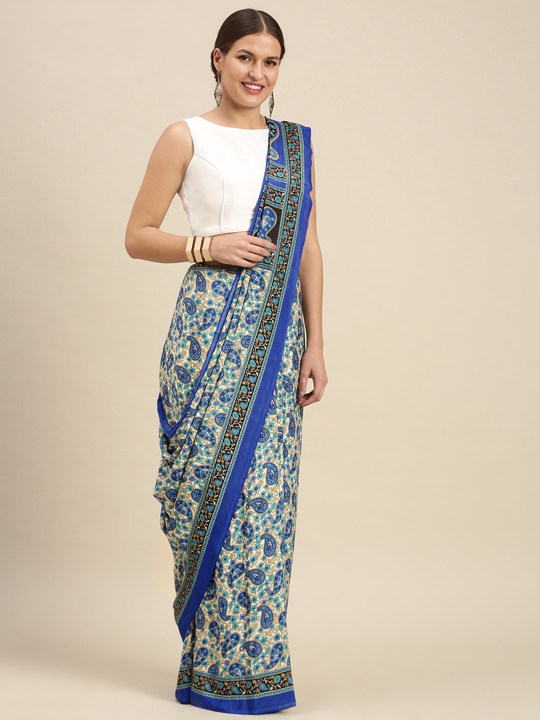 

SANGAM PRINTS Blue & Off White Ethnic Motifs Crepe Saree