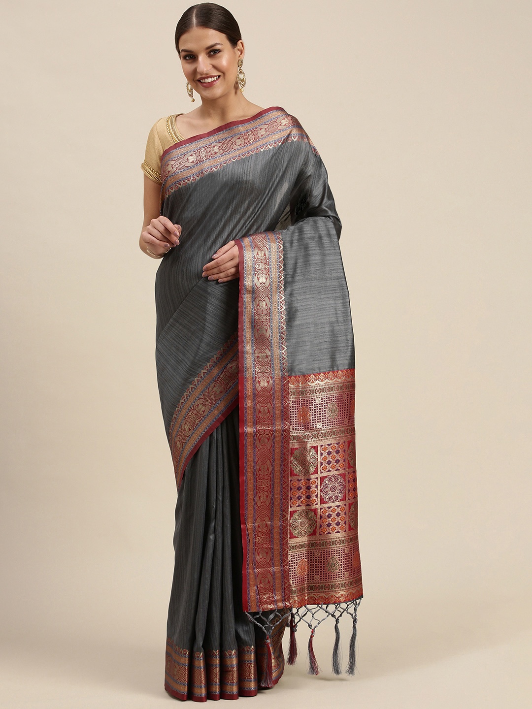

SANGAM PRINTS Grey & Red Woven Design Silk Blend Saree