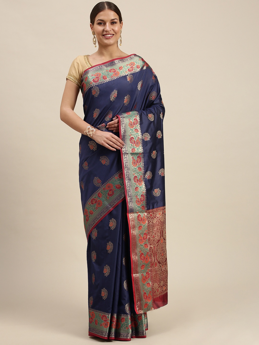 

SANGAM PRINTS Navy Blue & Golden Woven Design Silk Blend Saree
