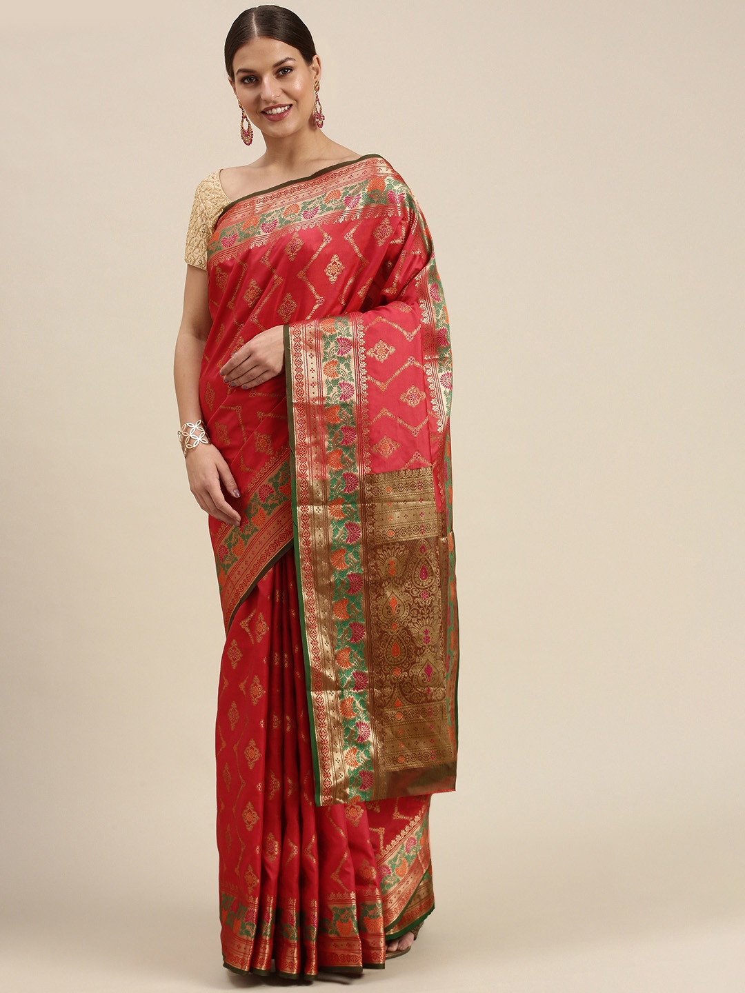 

SANGAM PRINTS Red & Golden Woven Design Silk Blend Saree