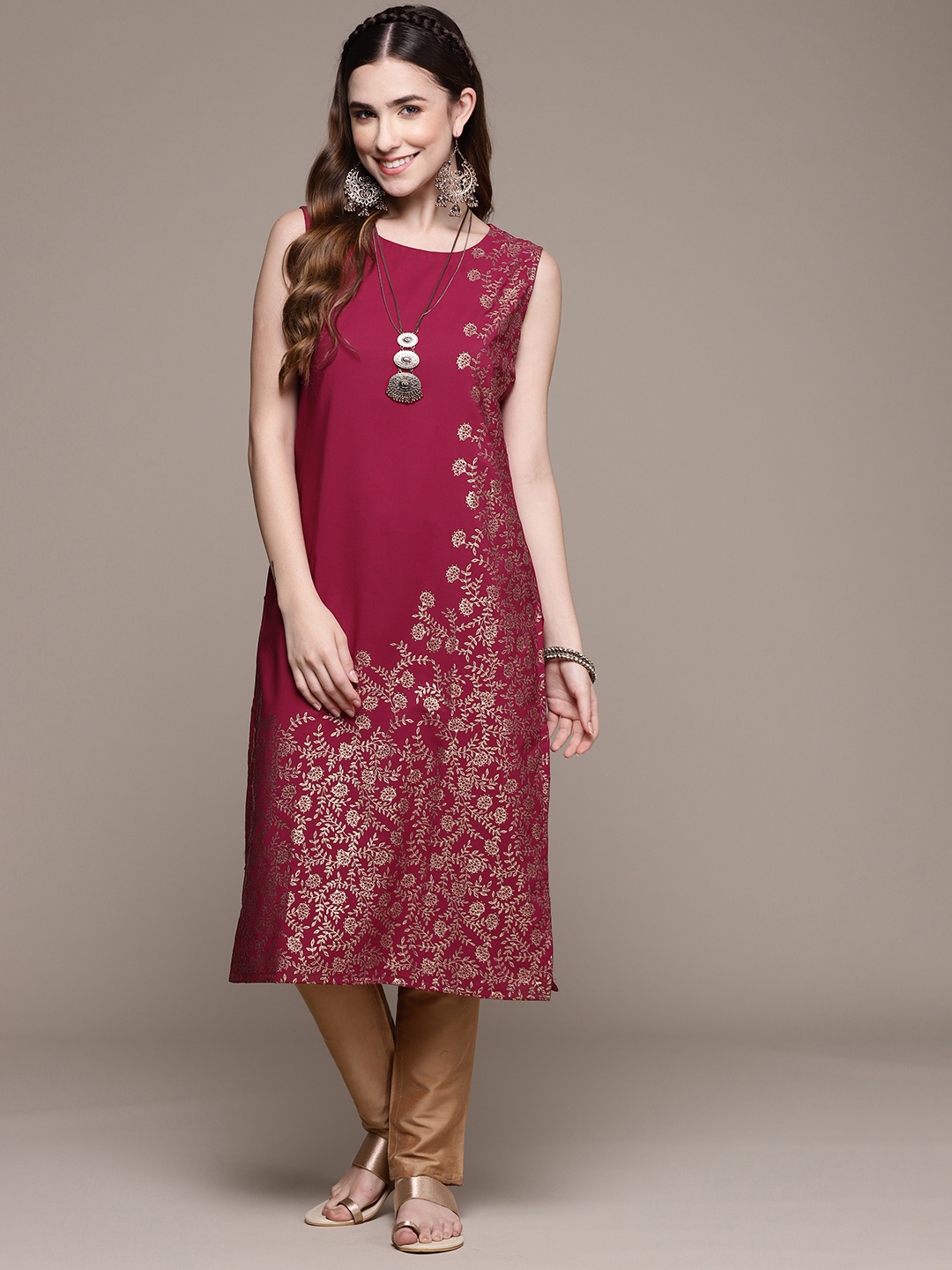 

ZIYAA Women Pink & Golden Ethnic Motifs Printed Kurta