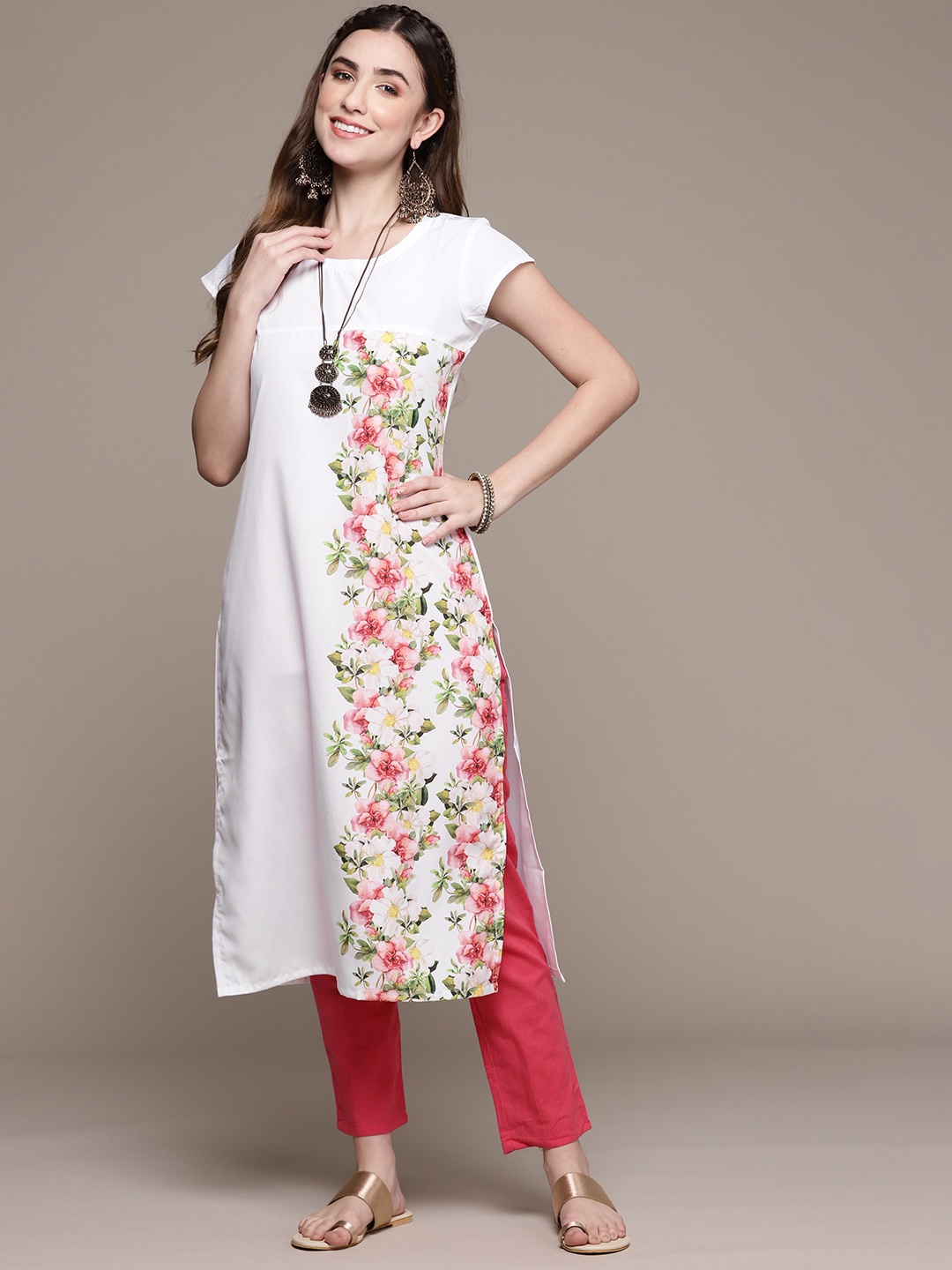 

ZIYAA Women White & Pink Floral Printed Floral Kurta