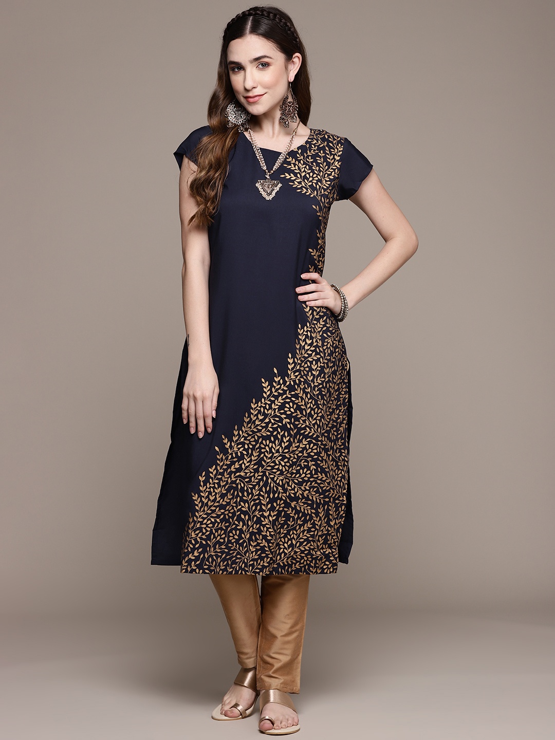 

ZIYAA Women Navy Blue & Golden Leaf Printed Kurta
