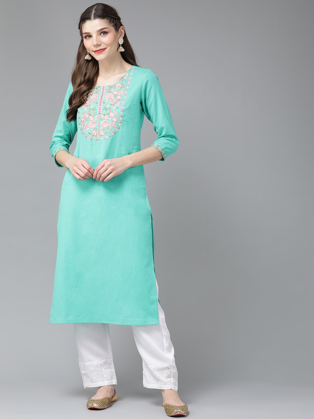 

Yufta Women Blue Yoke Design Thread Work Kurta