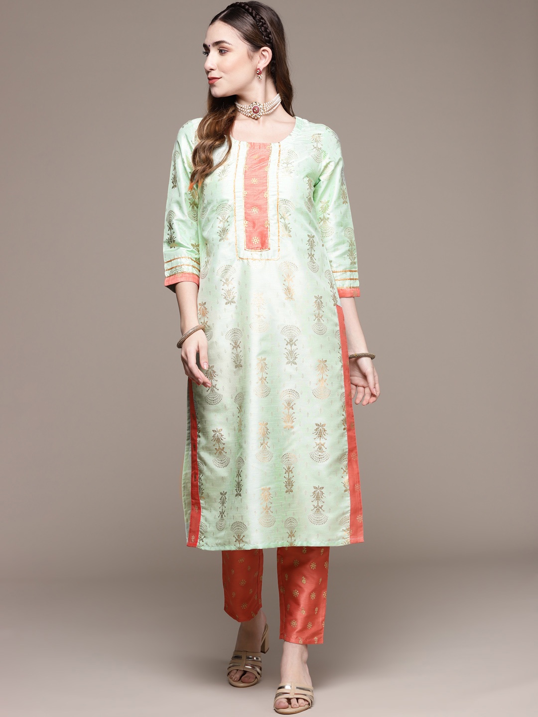 

ZIYAA Women Green & Orange Ethnic Motifs Printed Gotta Patti Kurta with Trousers
