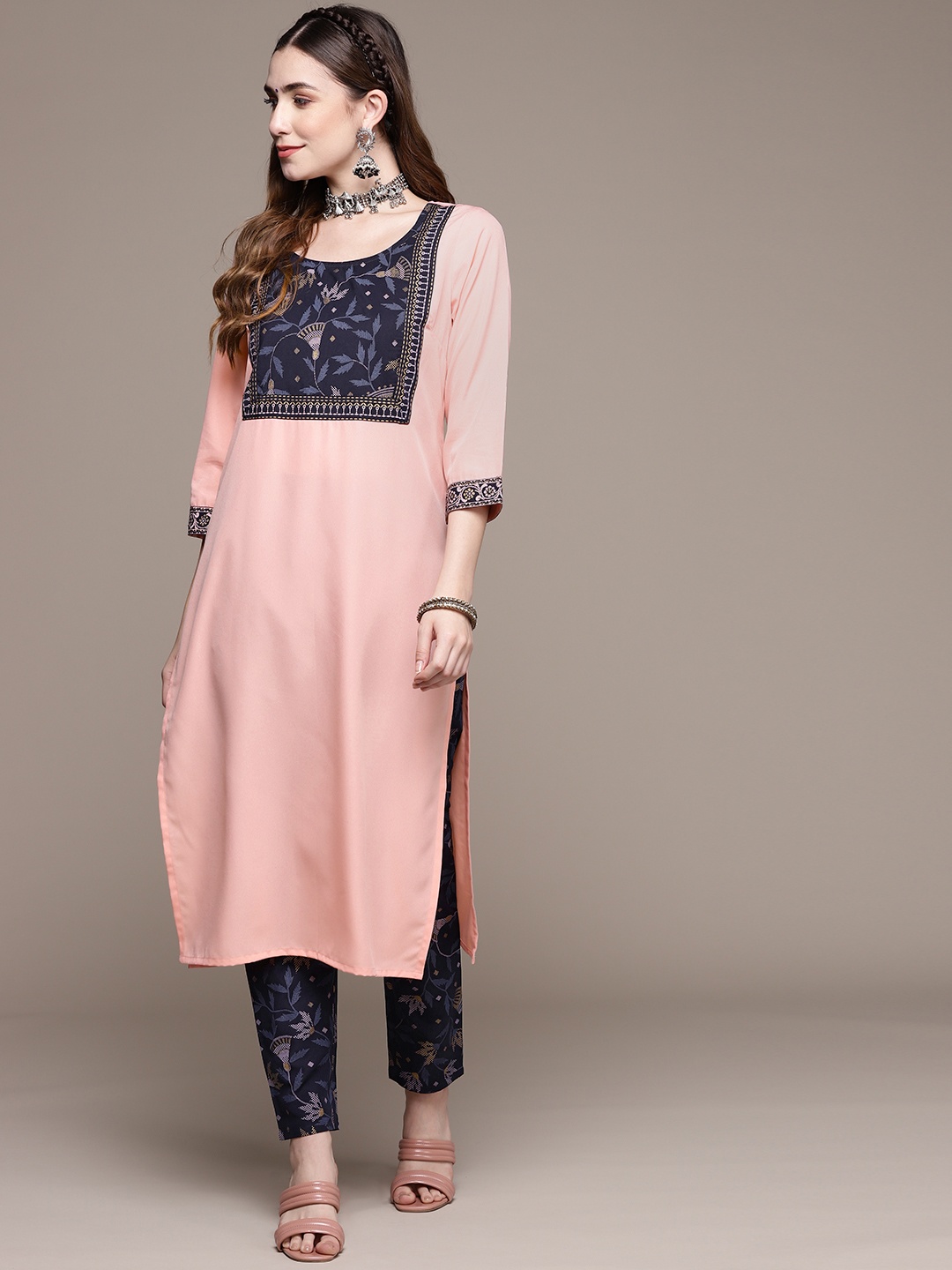 

ZIYAA Women Pink & Navy Blue Floral Yoke Design Kurta with Trousers