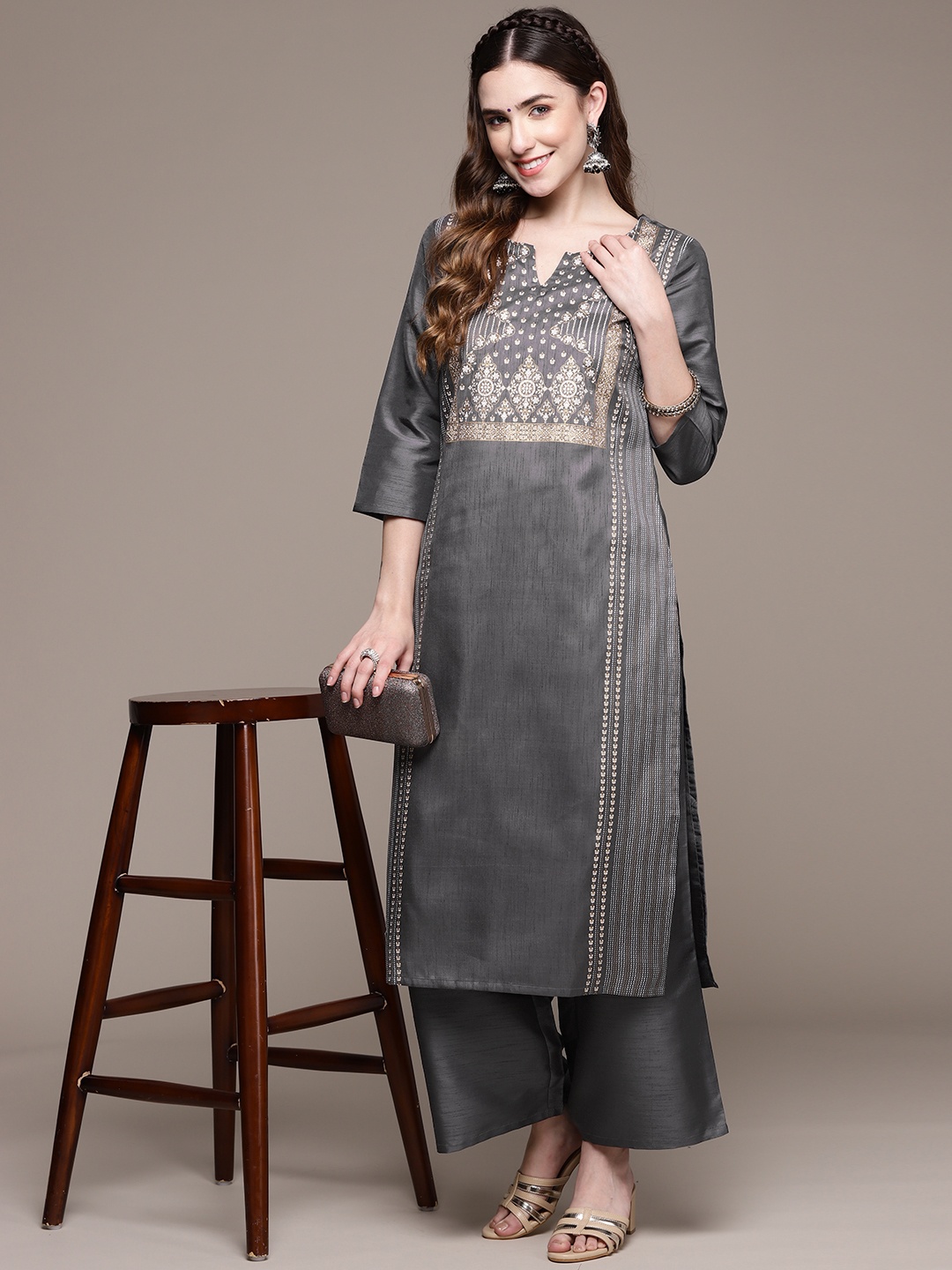 

ZIYAA Women Grey & Beige Ethnic Motifs Yoke Design Kurta with Palazzos