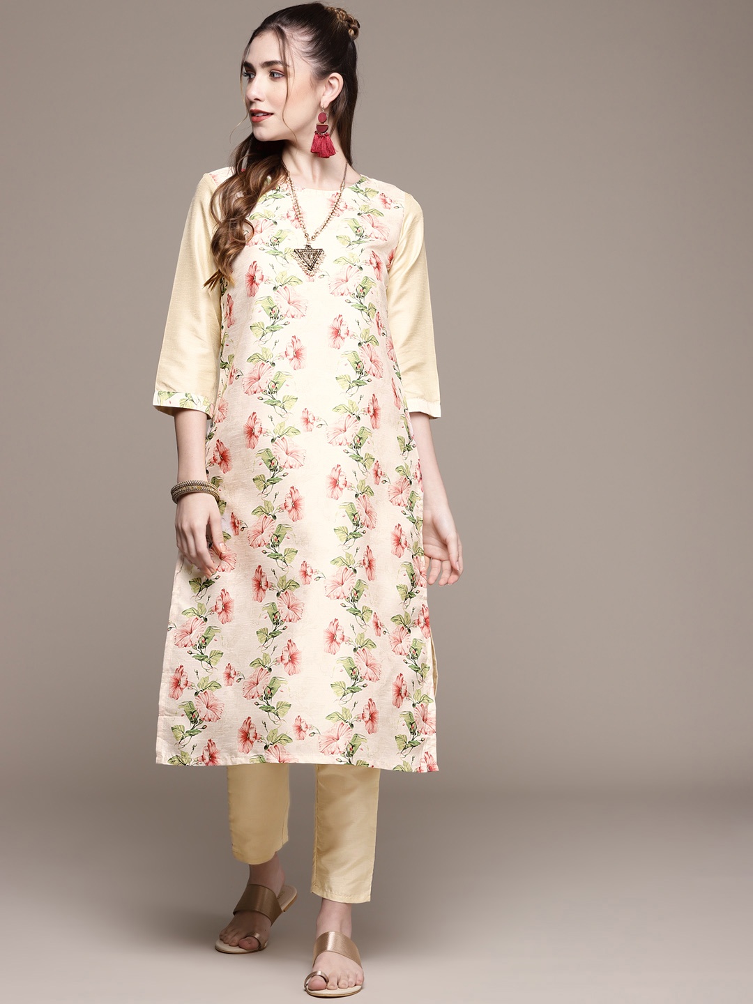 

ZIYAA Women Cream-Coloured & Red Floral Printed Kurta with Trousers