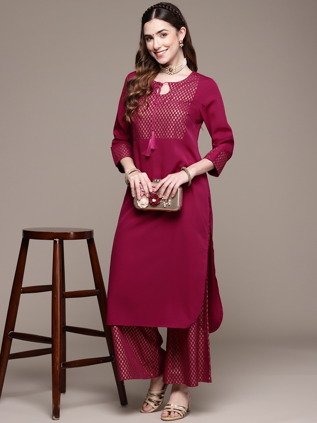 

ZIYAA Women Magenta Ethnic Motifs Yoke Design Kurta with Palazzos