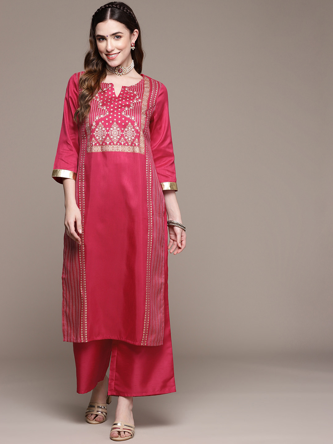 

ZIYAA Women Pink Ethnic Motifs Printed Kurta with Palazzos