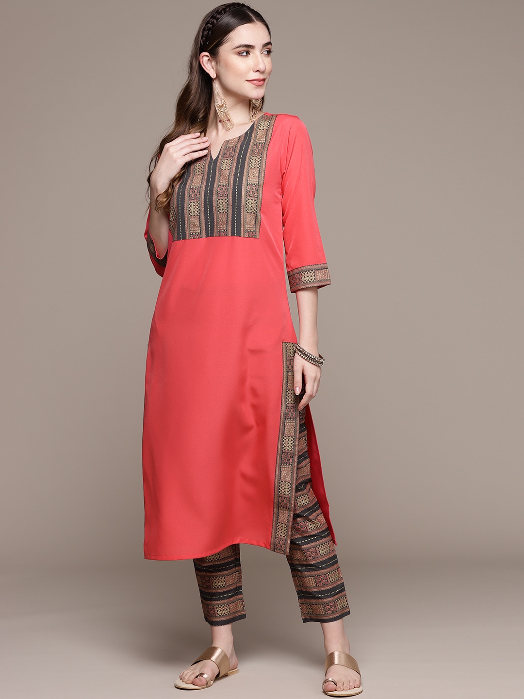 

ZIYAA Women Coral Red & Charcoal Grey Yoke Design Kurta with Trousers
