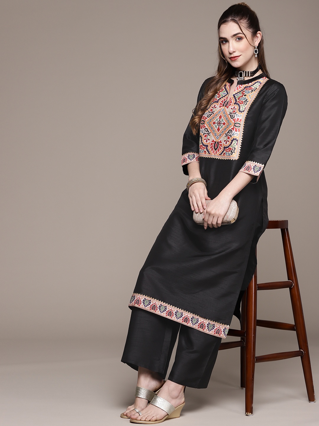 

ZIYAA Women Black Ethnic Motifs Yoke Design Kurta with Palazzos