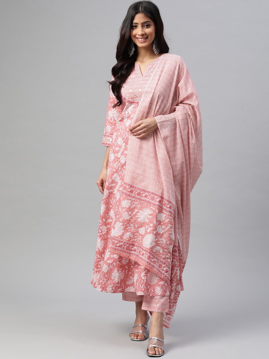 

Yuris Women Pink & White Ethnic Printed Pure Cotton Kurta with Trousers & Dupatta