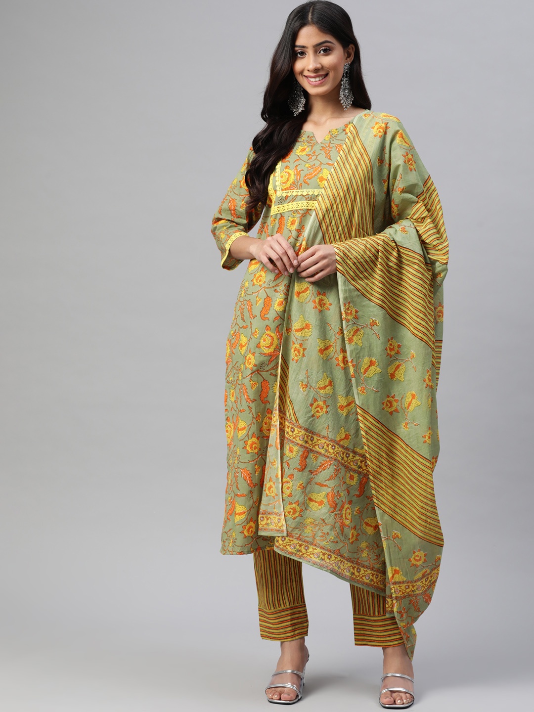 

Yuris Women Olive Green & Yellow Ethnic Printed Pure Cotton Kurta with Trousers & Dupatta