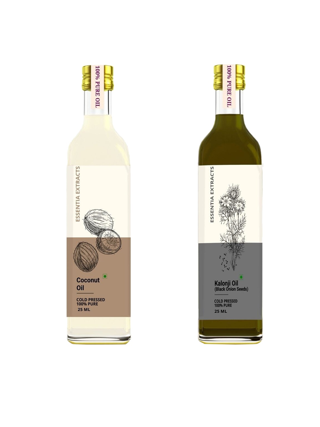 

ESSENTIA EXTRACTS Set of 2 Cold Pressed Coconut & Kalonji Oil 25 ml Each, Brown