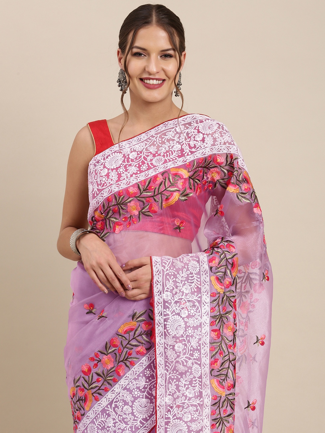 

VASTRANAND Lavender & White Ethnic Motifs Organza Saree