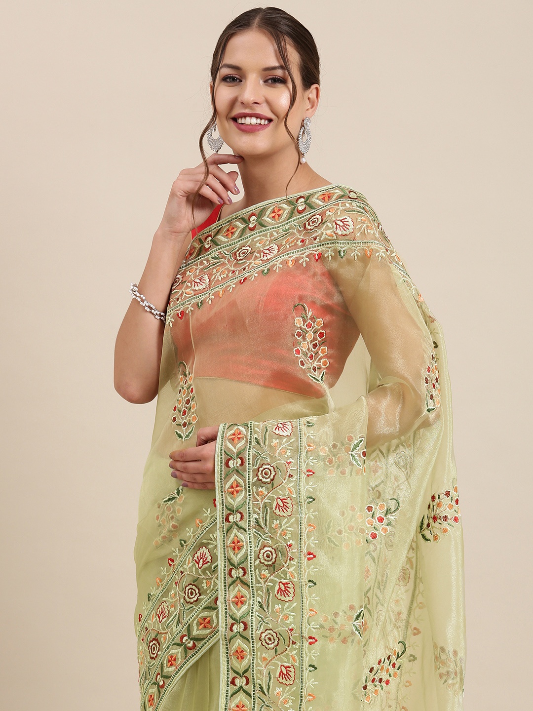 

VASTRANAND Green Ethnic Motifs Organza Saree