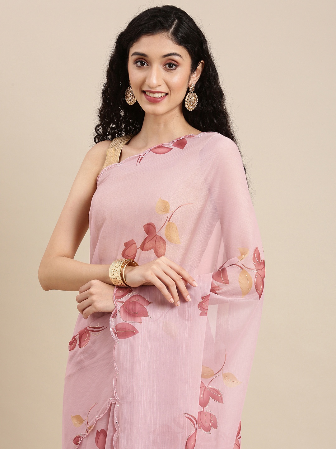 

VASTRANAND Pink Ethnic Motifs Pure Chiffon Saree