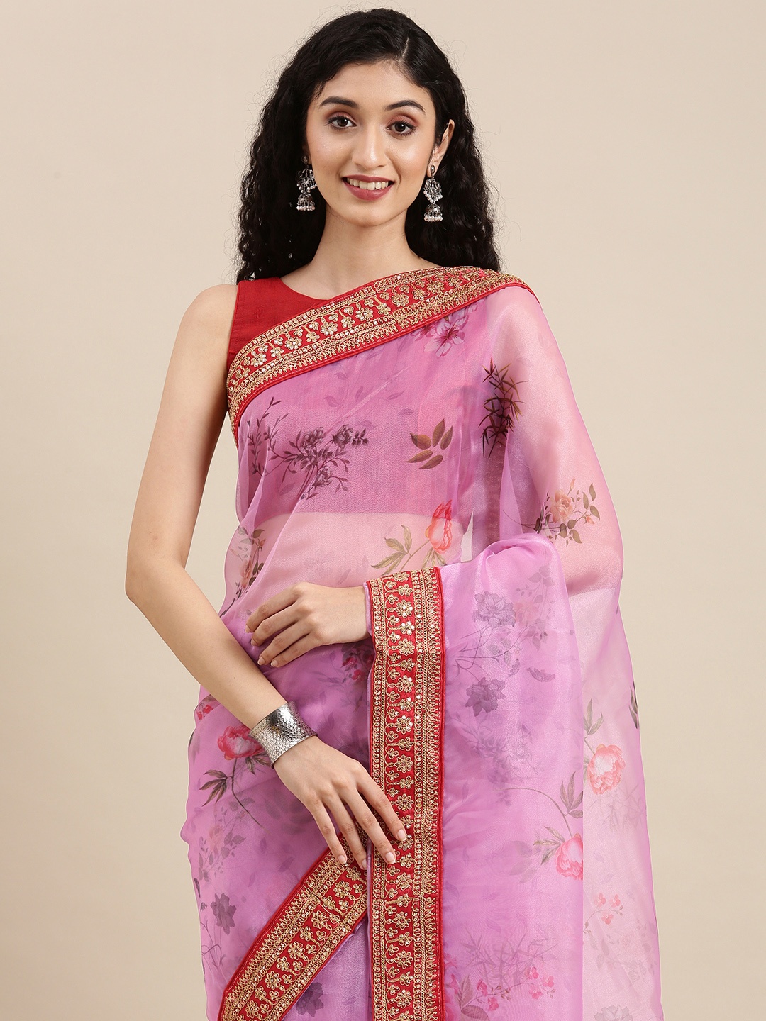 

VASTRANAND Purple & Red Ethnic Motifs Sequinned Organza Saree