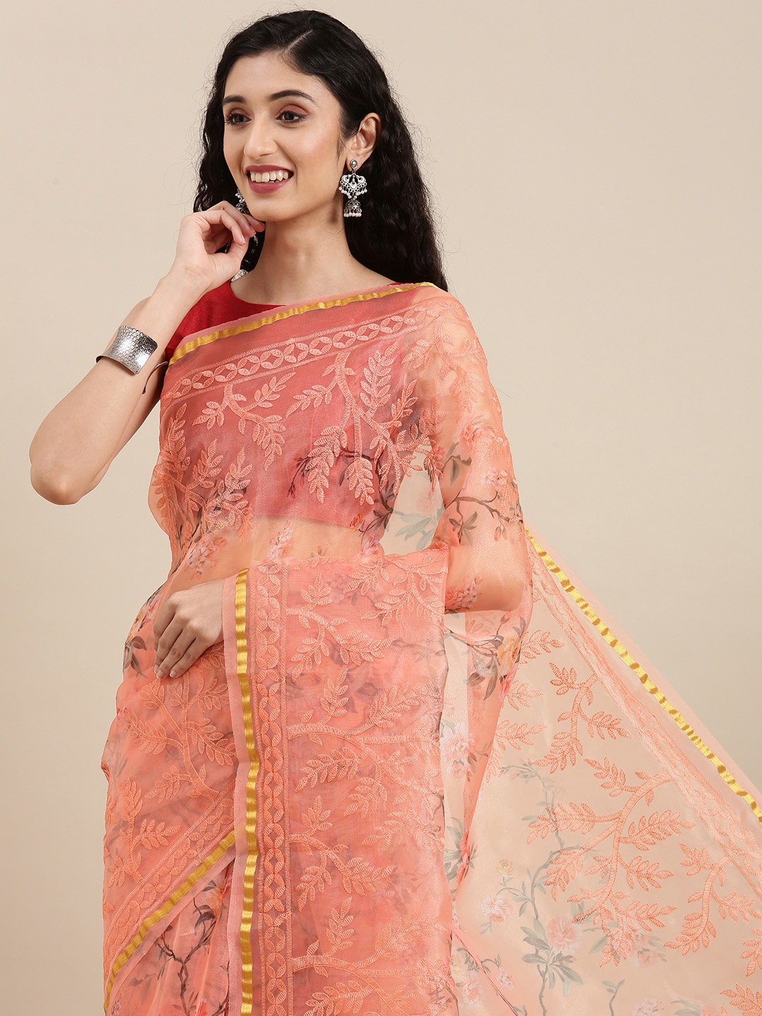 

VASTRANAND Peach-Coloured Ethnic Motifs Chikankari Organza Saree
