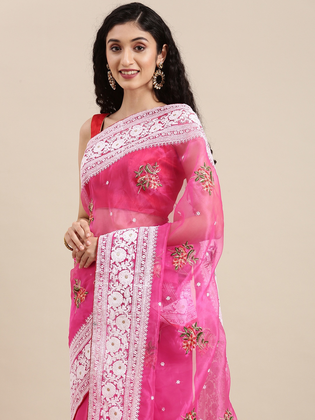 

VASTRANAND Pink & White Ethnic Motifs Embroidered Organza Saree