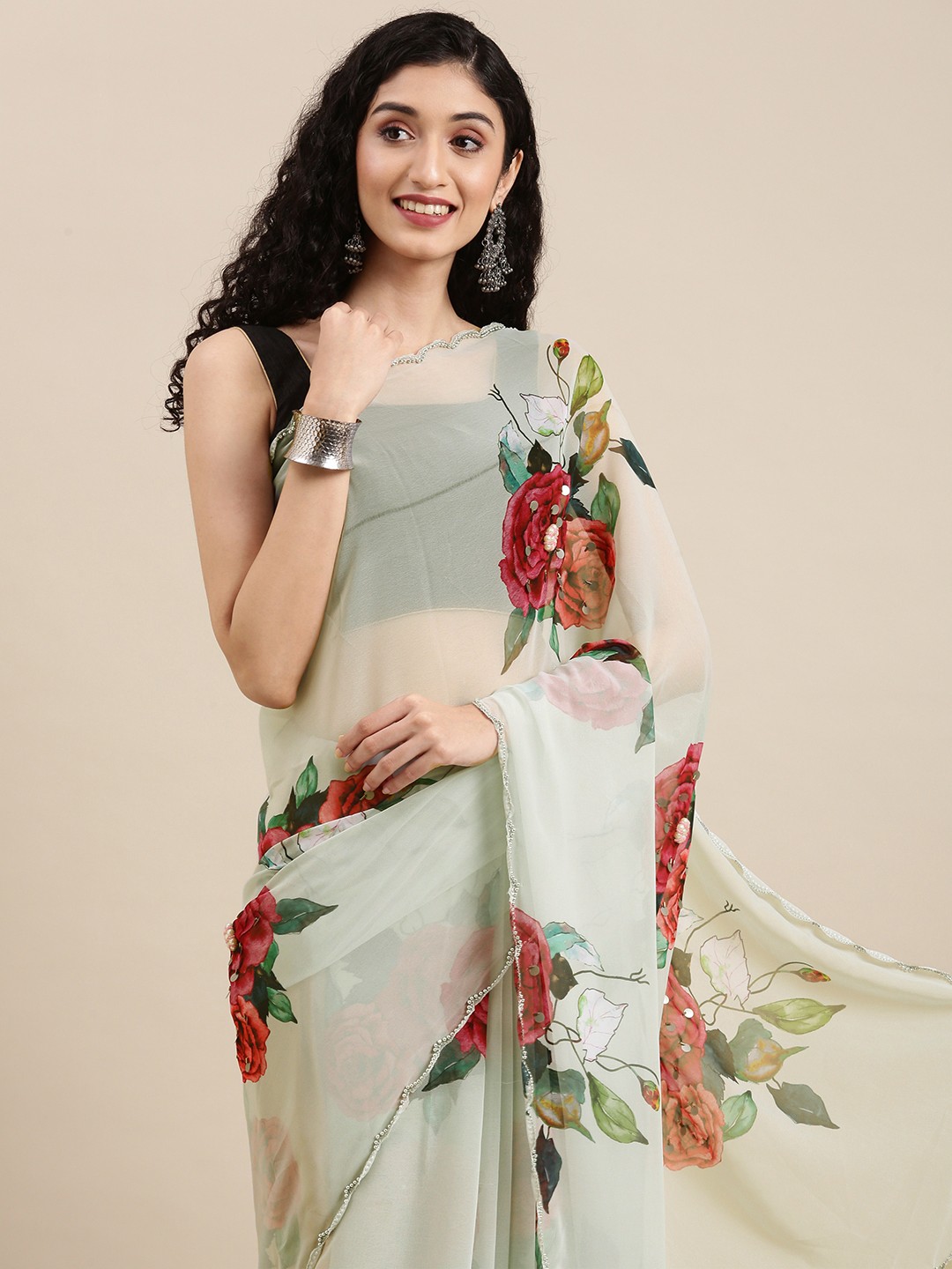 

VASTRANAND Green & Red Floral Printed Beads and Stones Saree