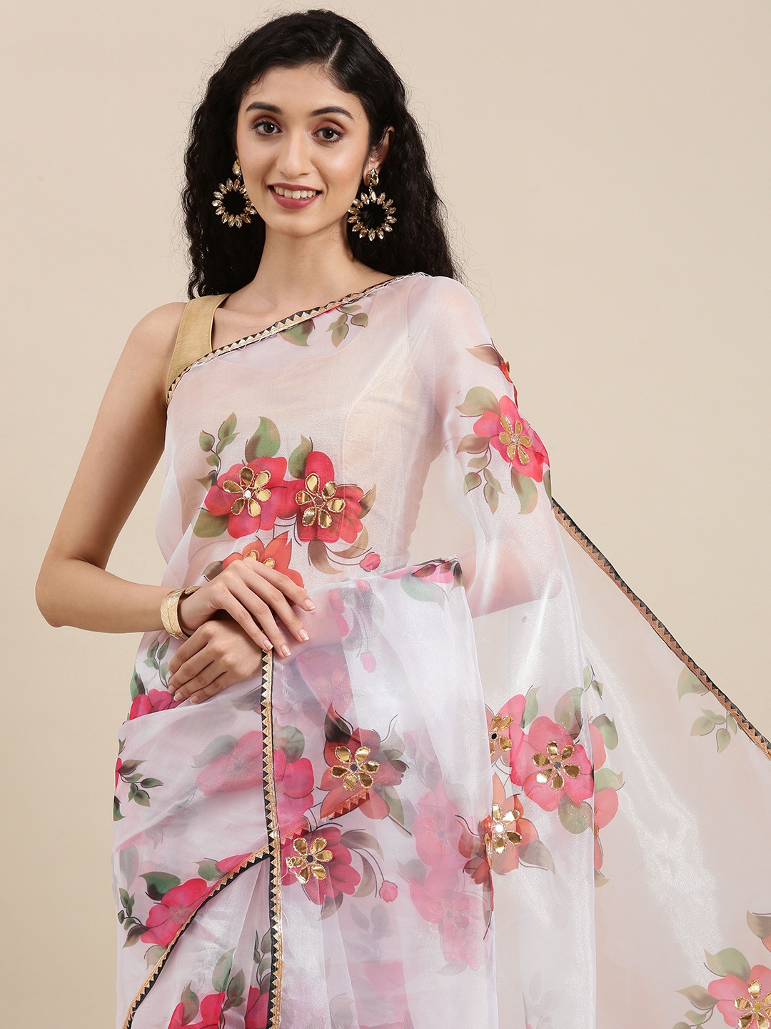 

VASTRANAND White & Pink Floral Beads and Stones Organza Saree