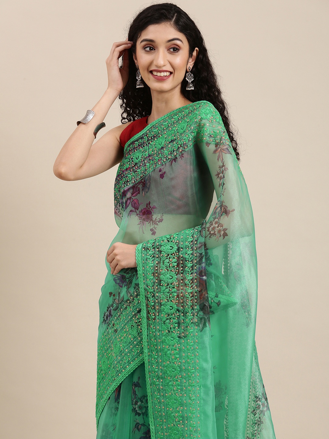 

VASTRANAND Green Ethnic Motifs Embroidered Organza Saree