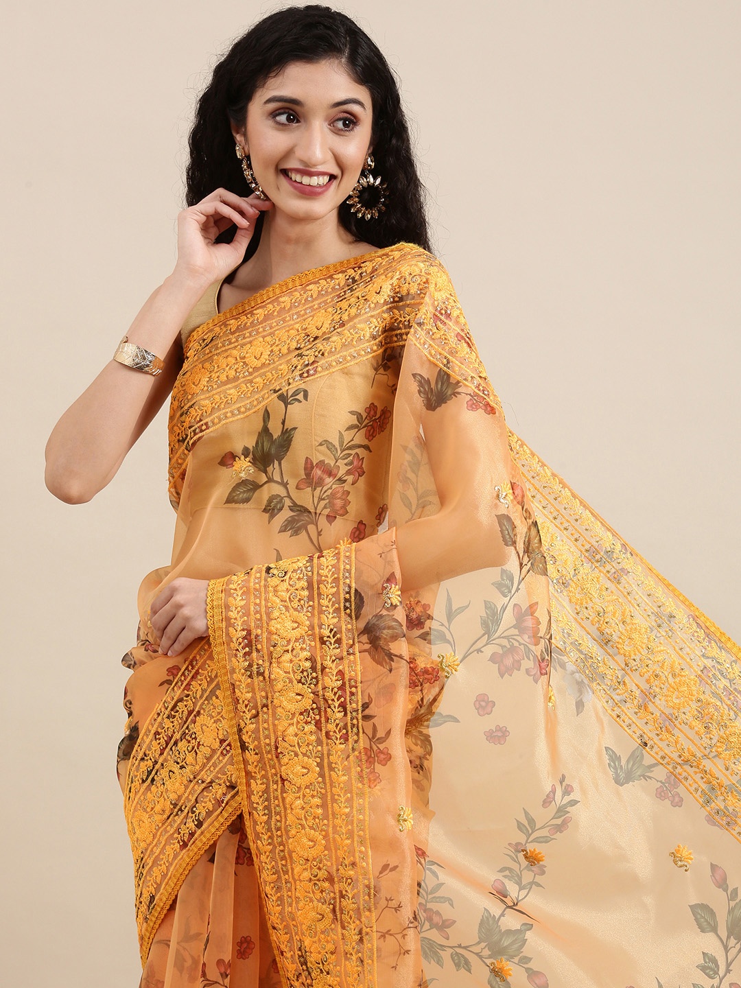 

VASTRANAND Orange Floral Organza Saree