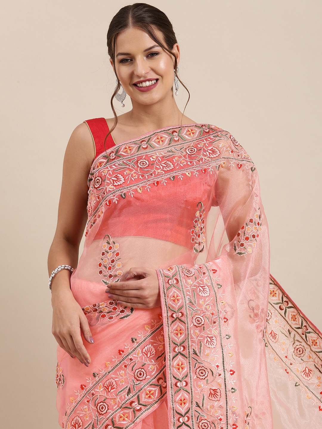 

VASTRANAND Pink Ethnic Motifs Organza Saree