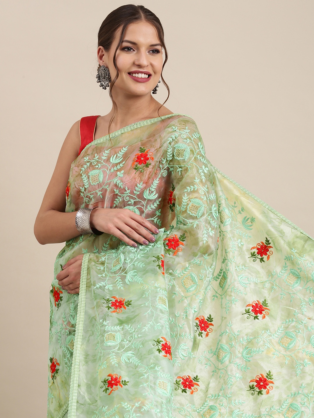 

VASTRANAND Green & Red Ethnic Motifs Organza Saree