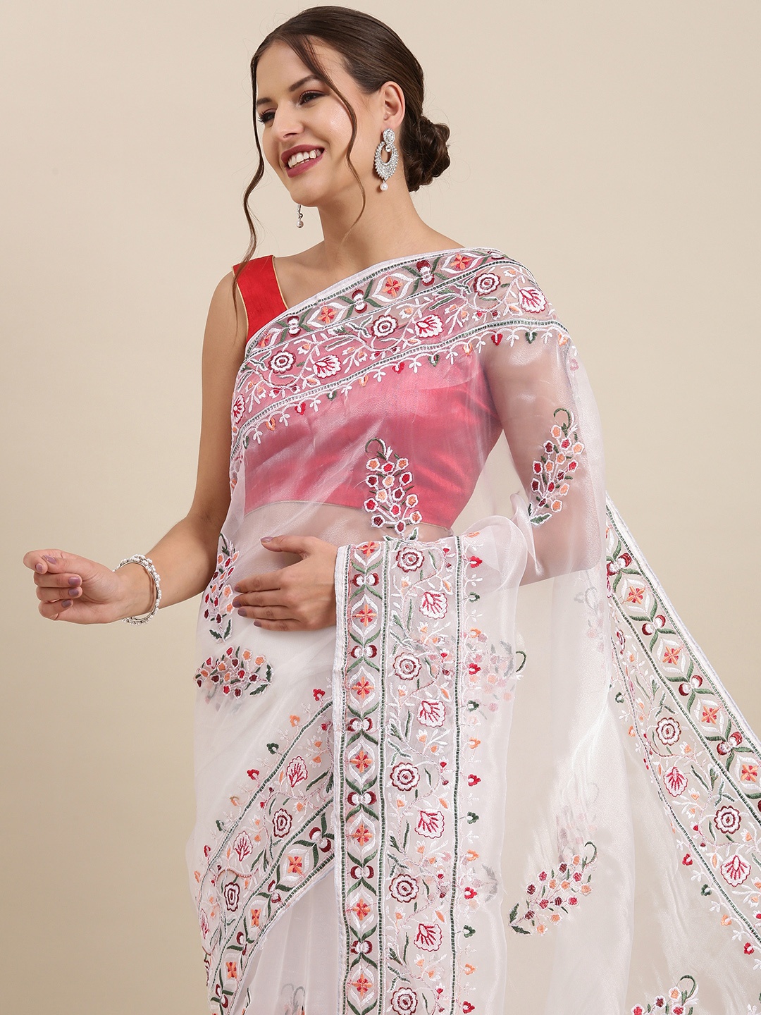 

VASTRANAND White & Red Ethnic Motifs Organza Saree