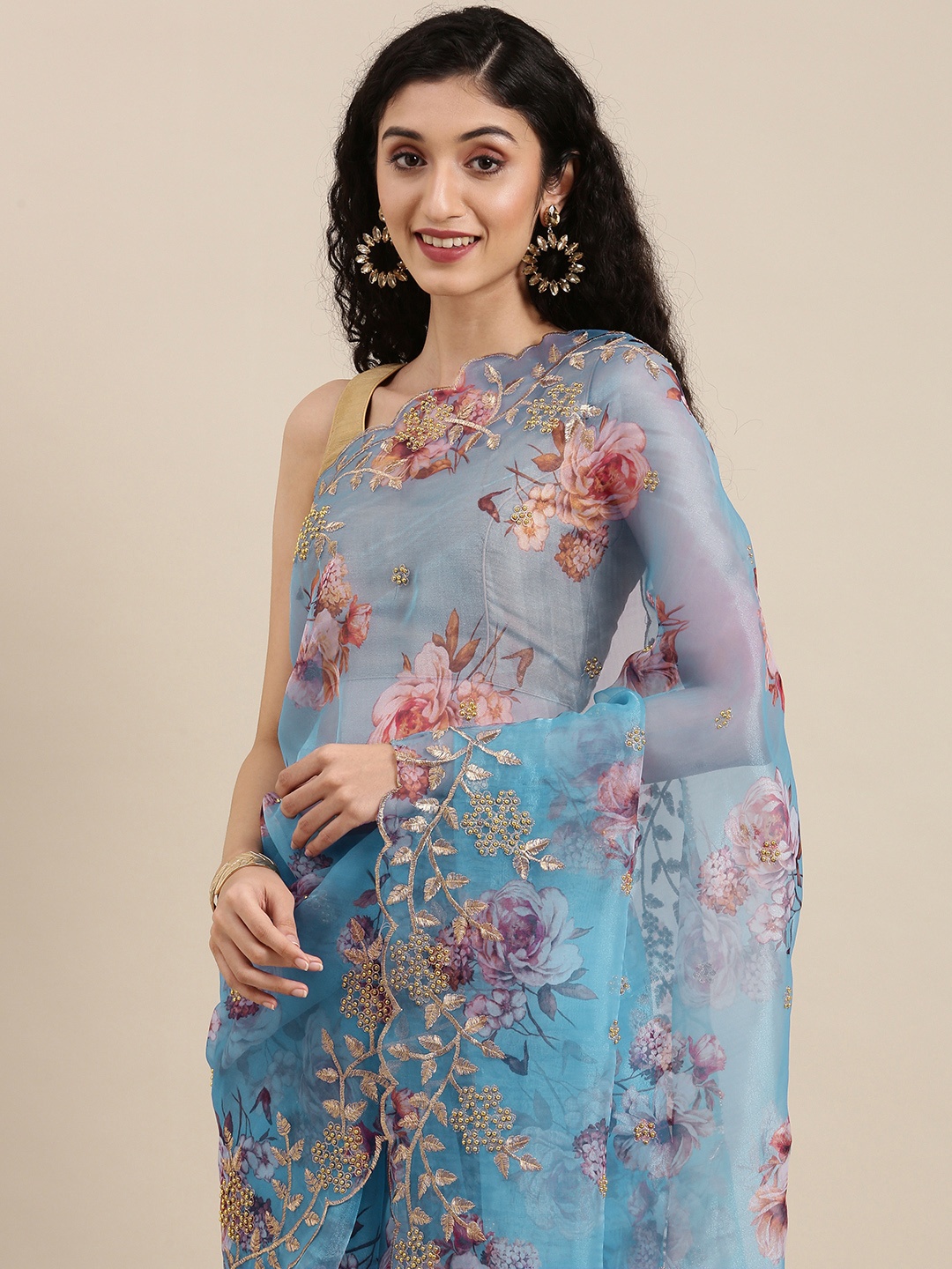 

VASTRANAND Blue & Pink Floral Organza Saree