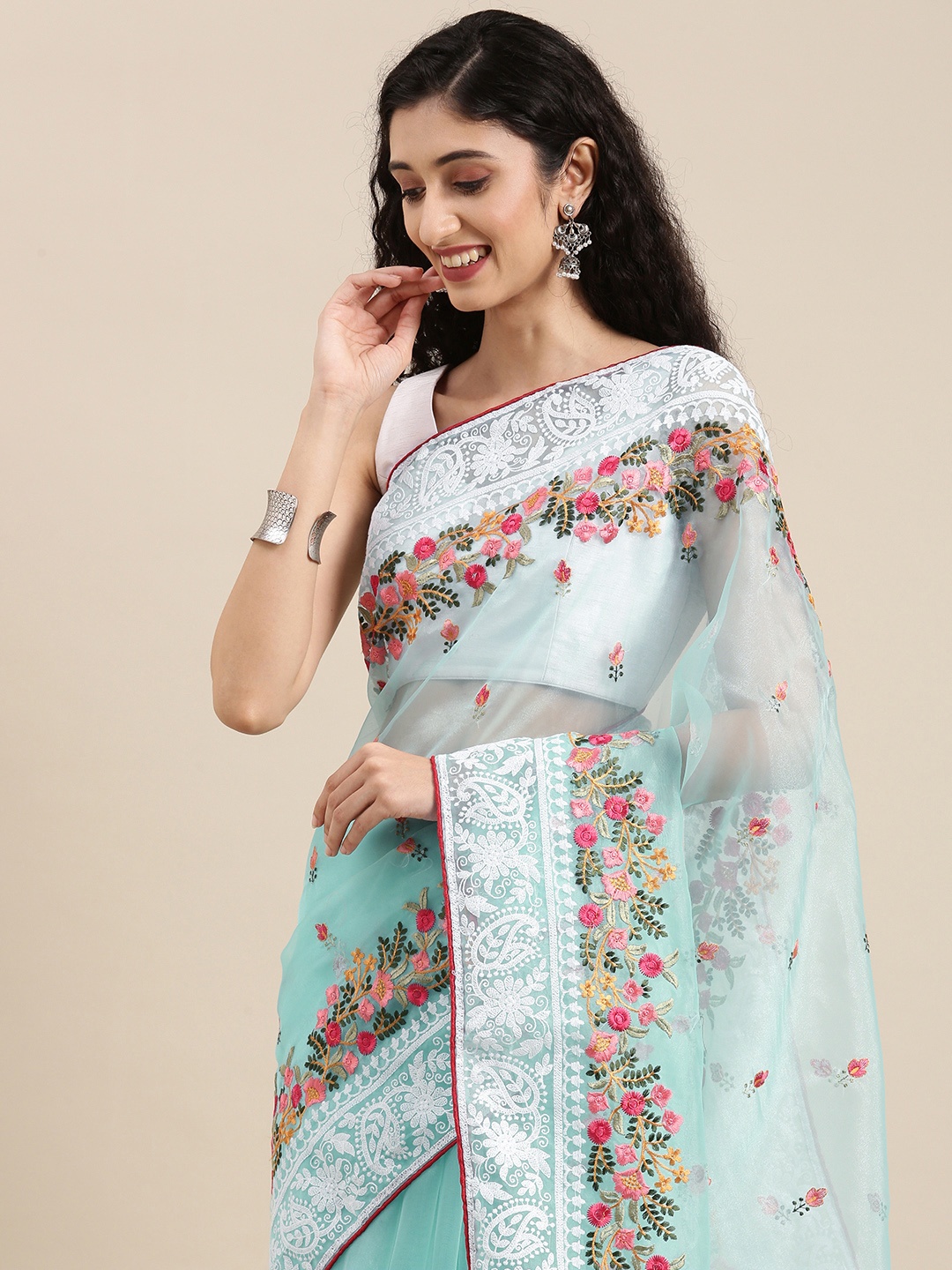 

VASTRANAND Blue & Pink Ethnic Motifs Organza Saree