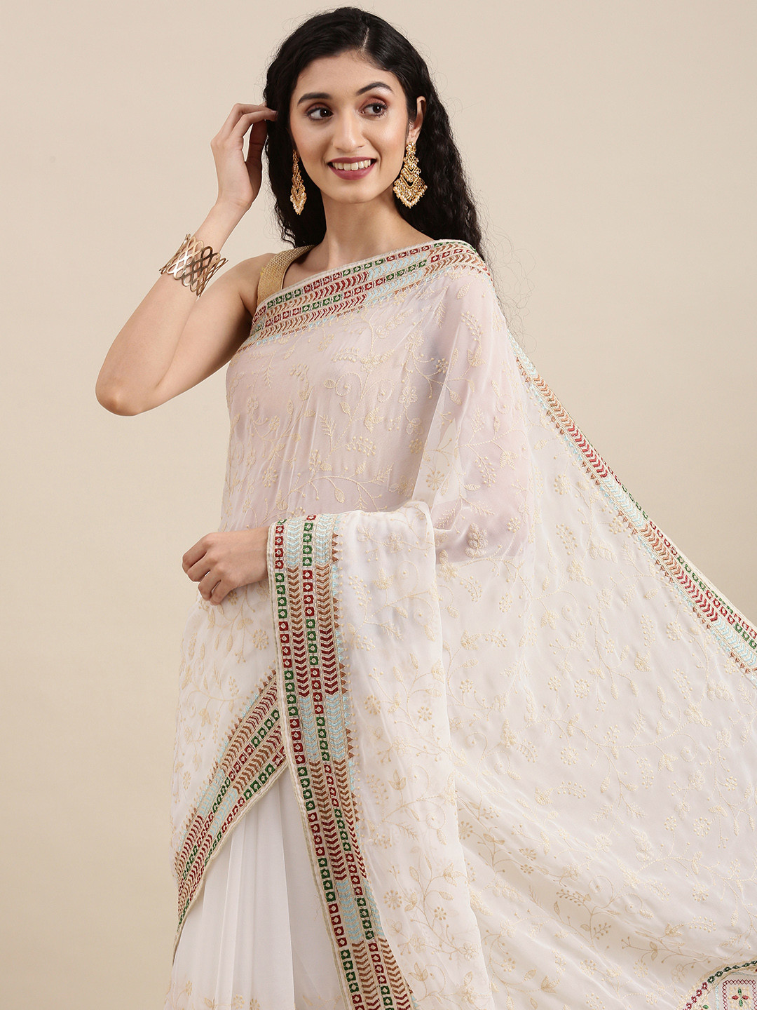 

VASTRANAND White & Beige Ethnic Motifs Saree
