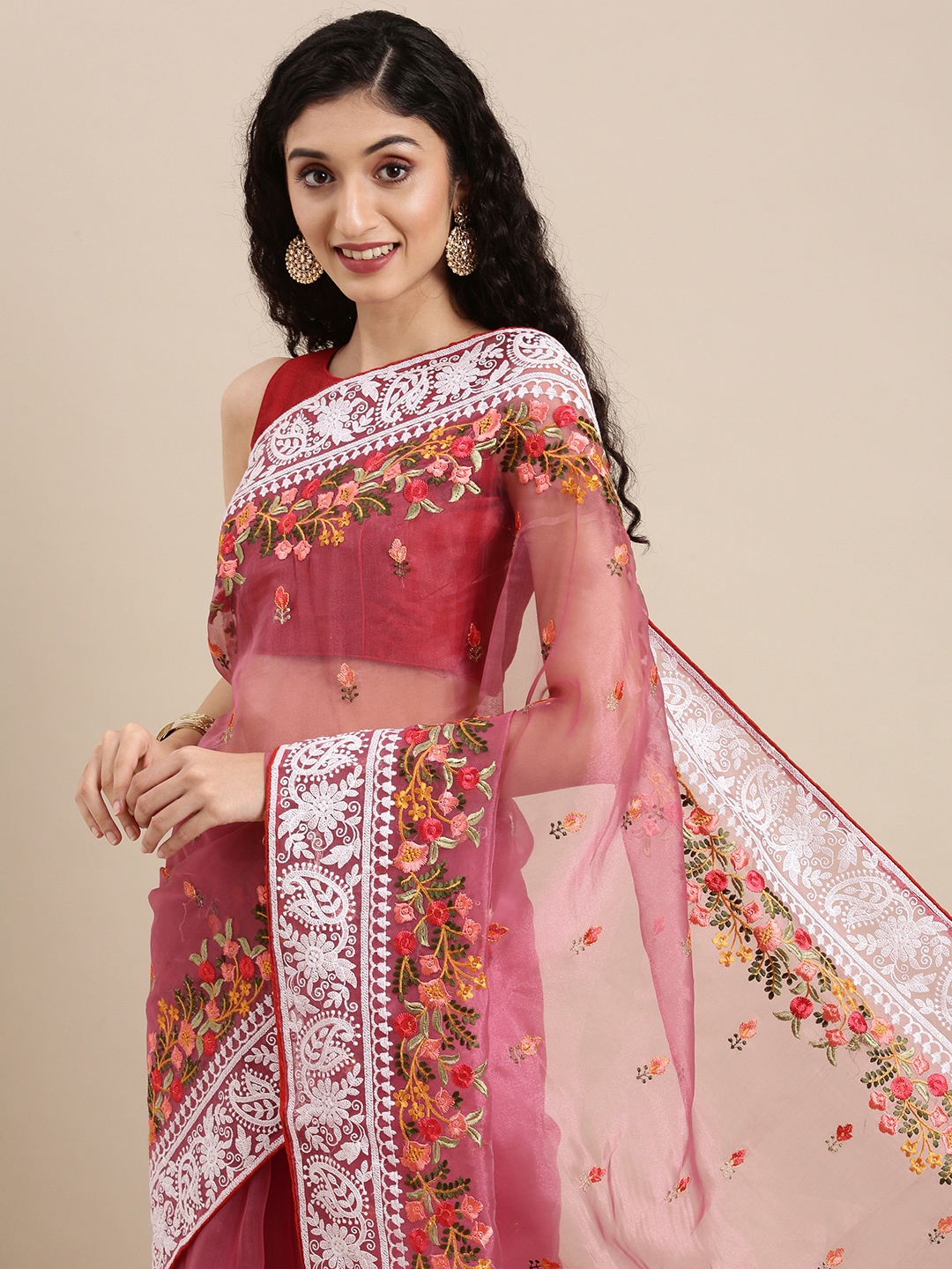 

VASTRANAND Pink Ethnic Motifs Embroidered Organza Saree