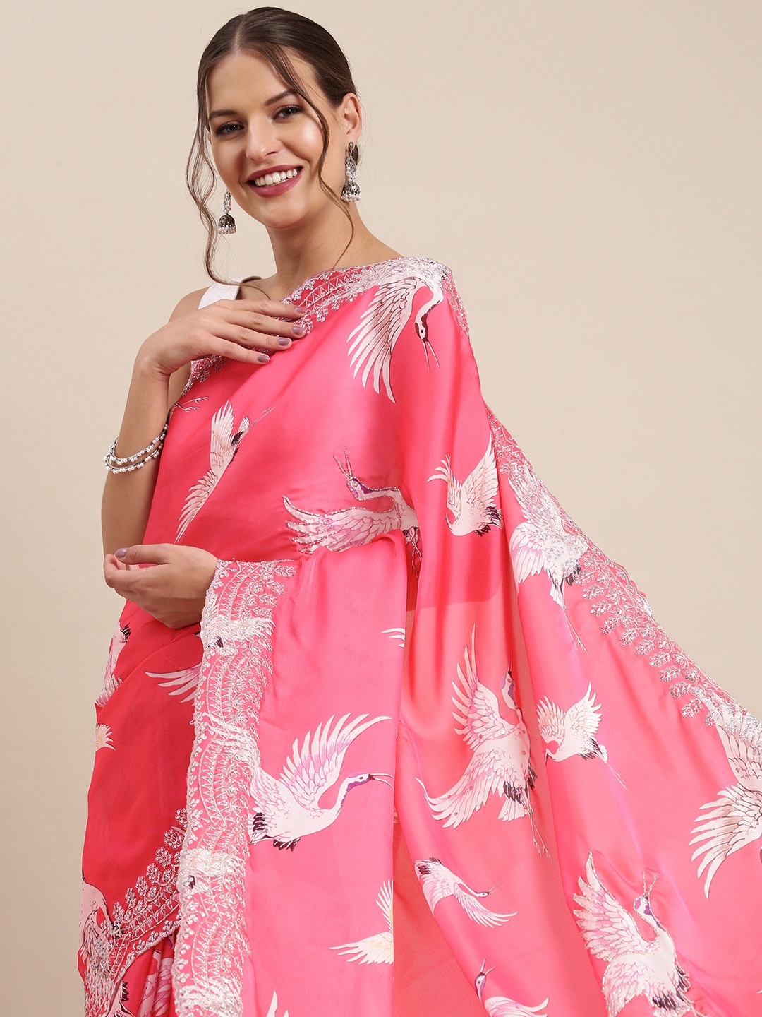 

VASTRANAND Pink & White Ethnic Motifs Embroidered Satin Saree