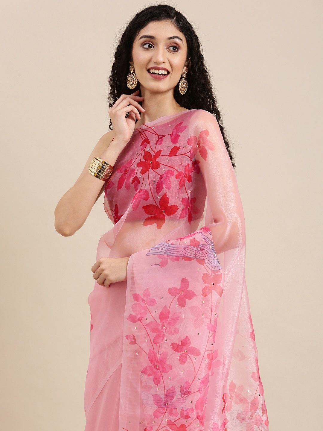 

VASTRANAND Pink Ethnic Motifs Sequinned Organza Saree