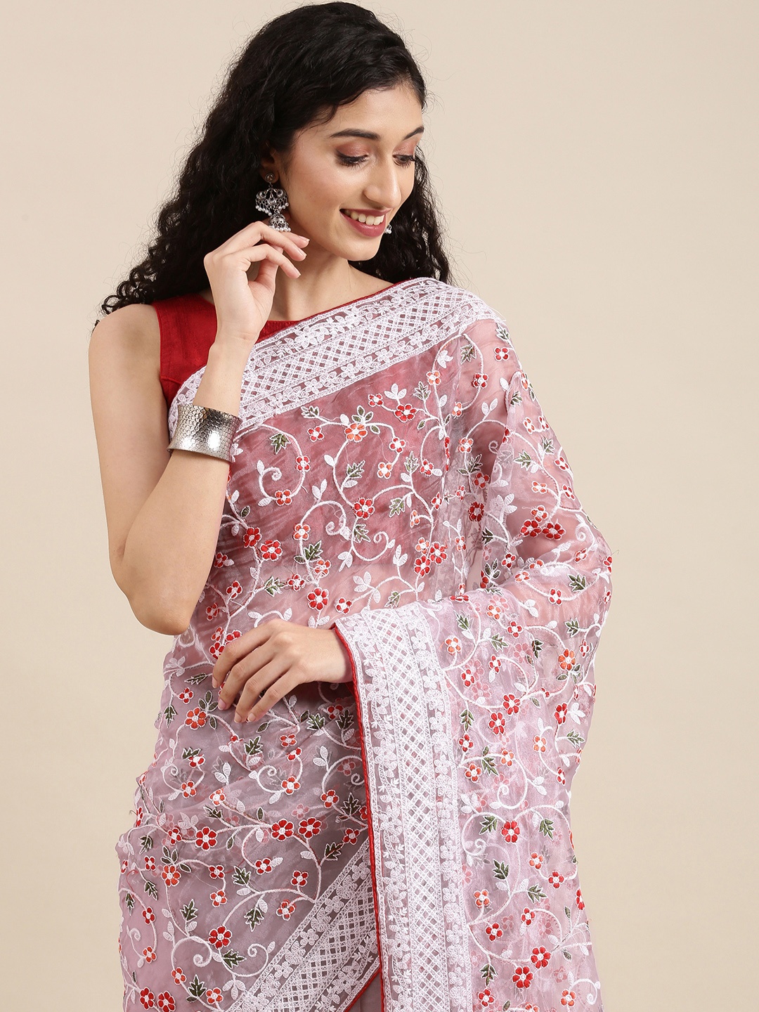 

VASTRANAND Lavender & White Ethnic Motifs Chikankari Organza Saree