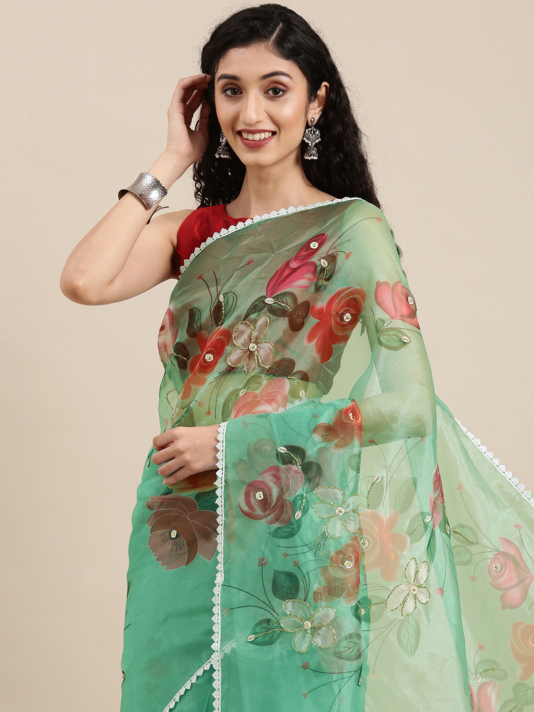 

VASTRANAND Green Floral Beads and Stones Organza Saree