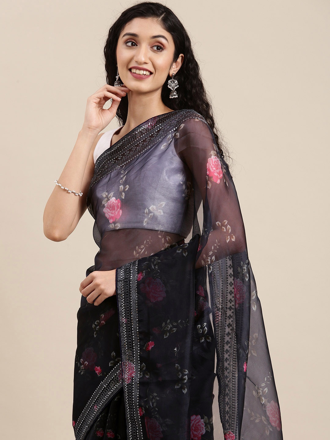 

VASTRANAND Navy Blue & Pink Floral Sequinned Organza Saree