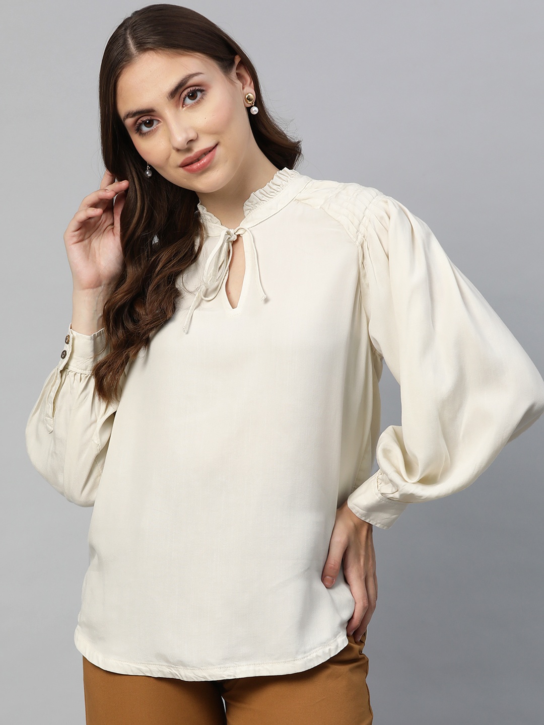 

Marks & Spencer Off White Tie-Up Neck Top