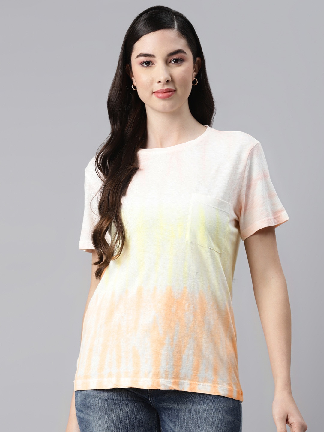 

Marks & Spencer Women Pink & Yellow Cotton Tie & Dye Print Drop-Shoulder Sleeves T-shirt