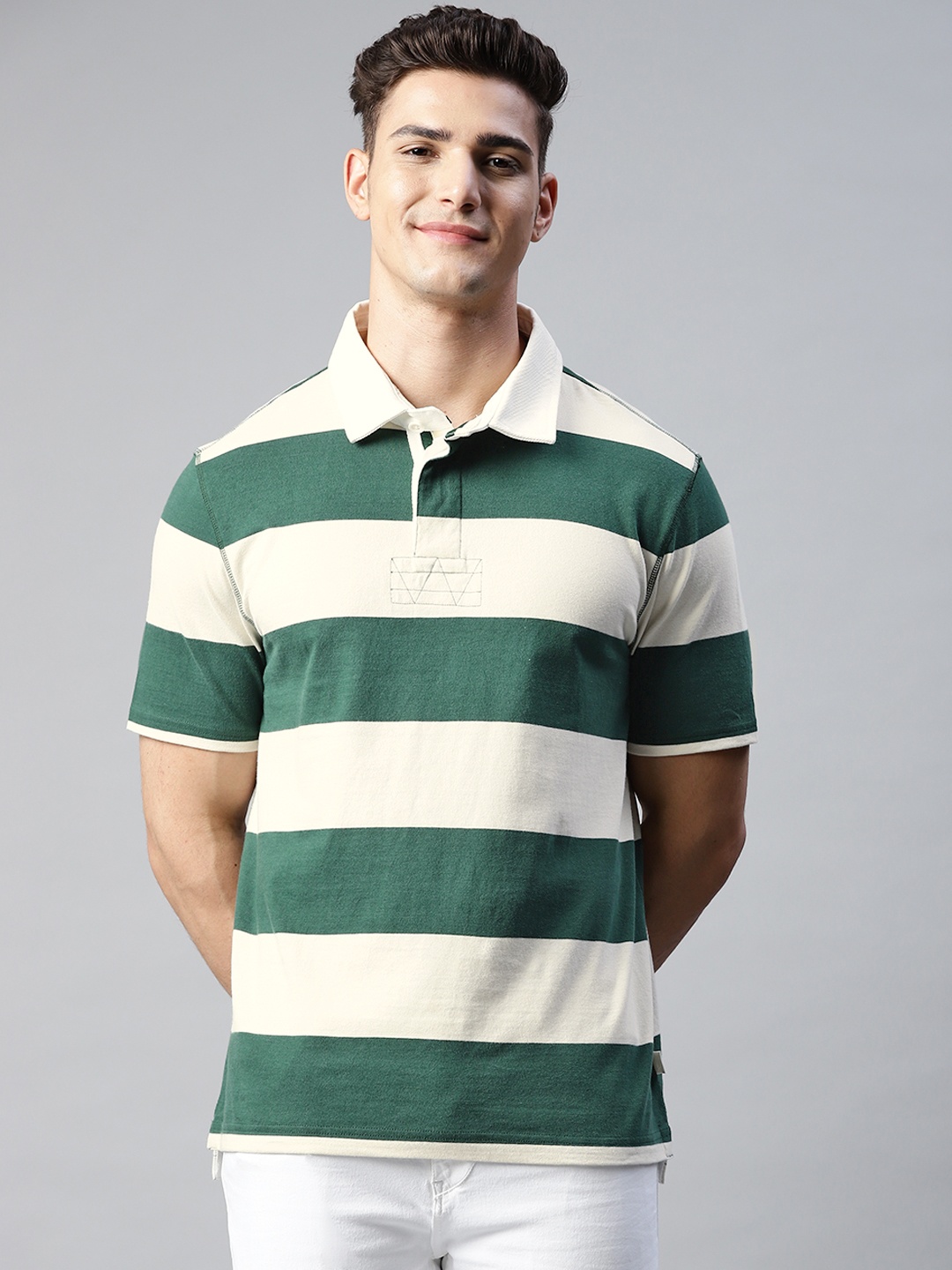 

Marks & Spencer Men Green & White Striped Polo Collar Pure Cotton T-shirt