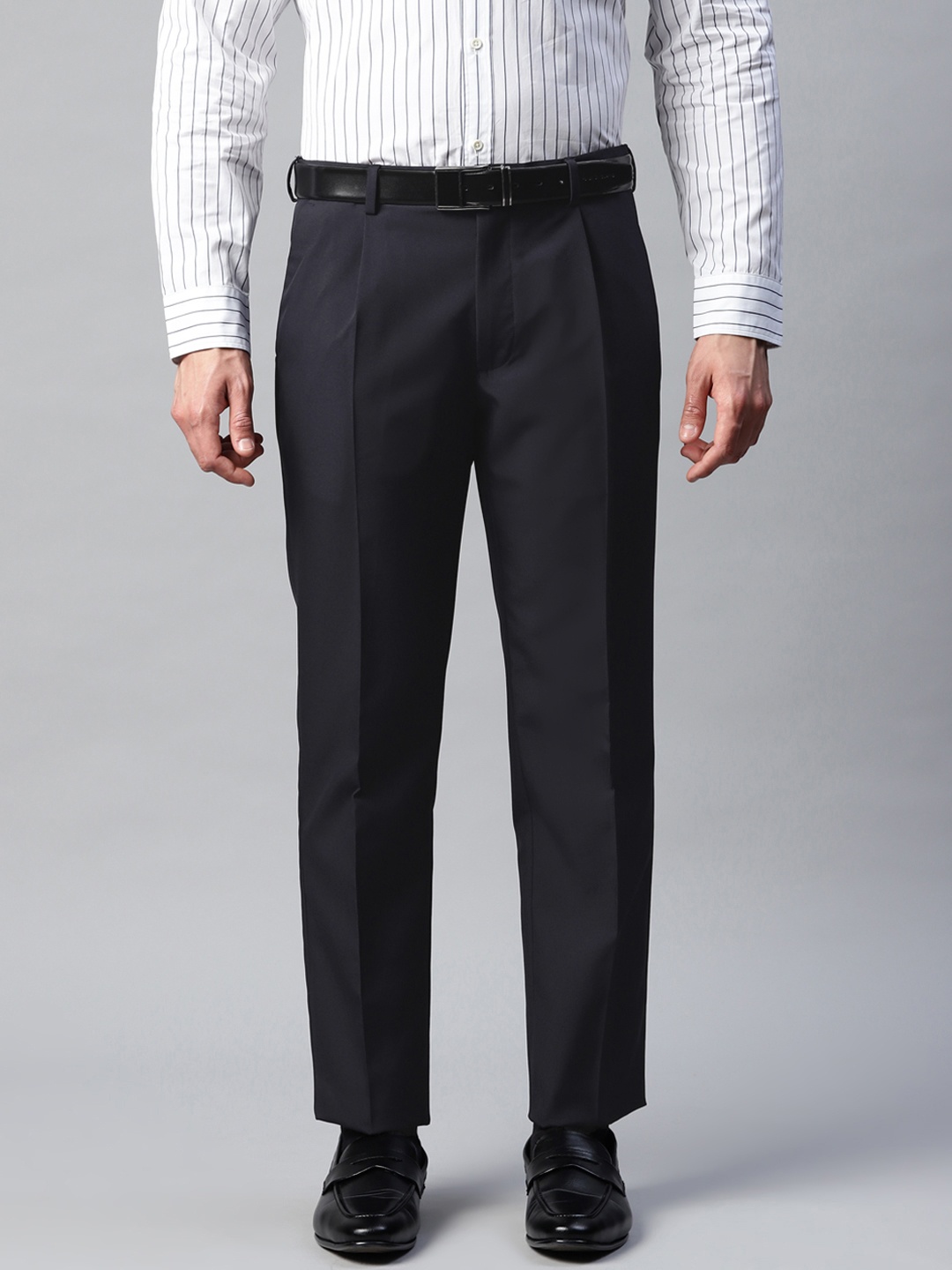 

Marks & Spencer Men Navy Blue Solid Formal Pleated Trousers