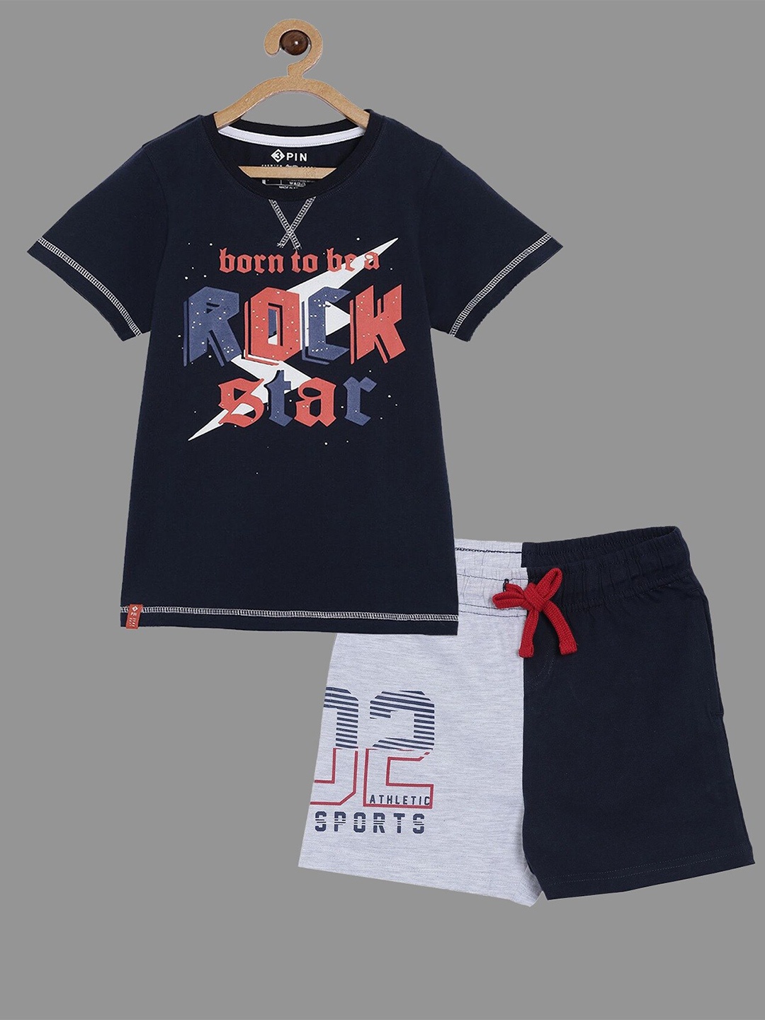 

3PIN Boys Navy Blue & Grey Printed Pure Cotton T-shirt with Shorts