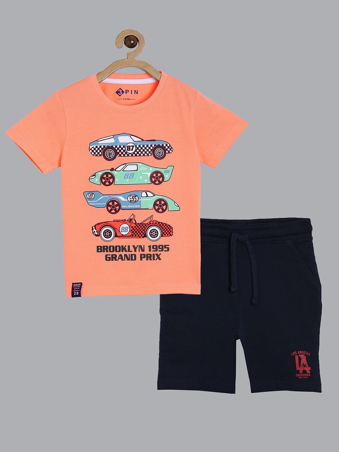 

3PIN Boys Navy Blue & Peach-Coloured Cotton Printed T-shirt with Shorts