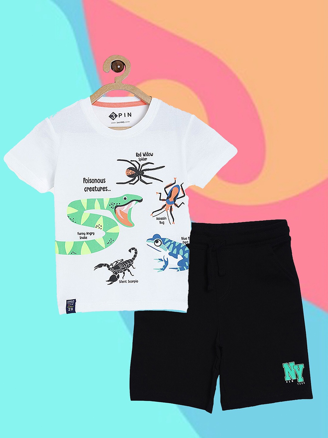 

3PIN Boys White & Black Set of 2 Printed Pure Cotton Clothing Set