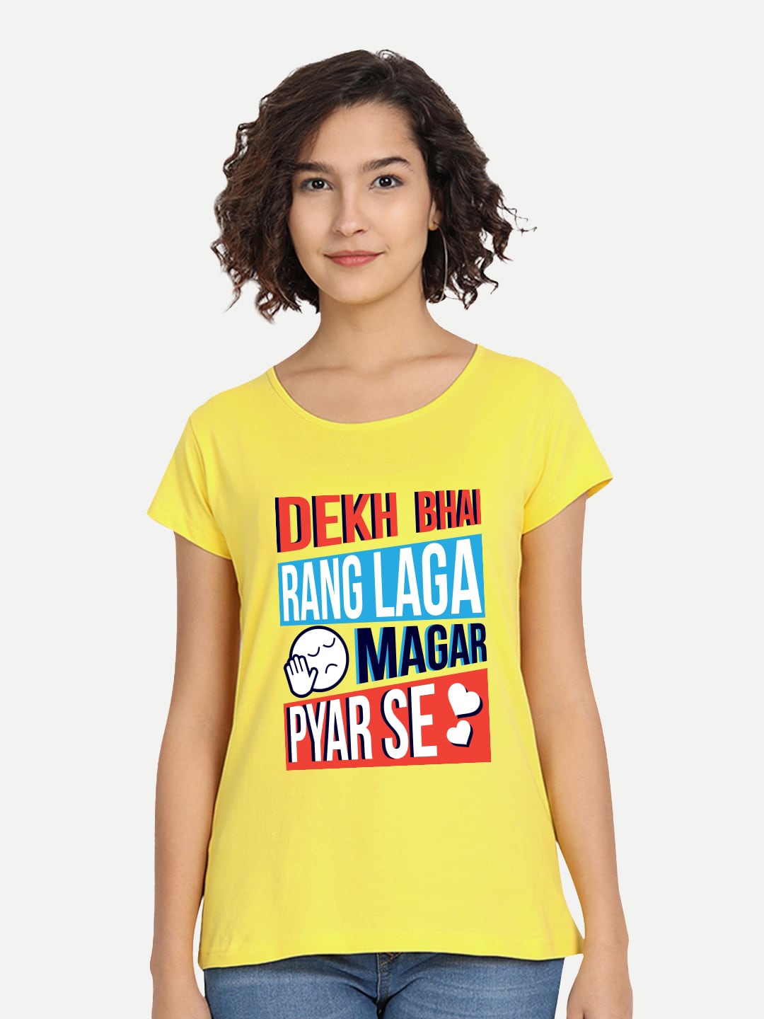 

BE AWARA Women Yellow Typography Printed Cotton T-shirt